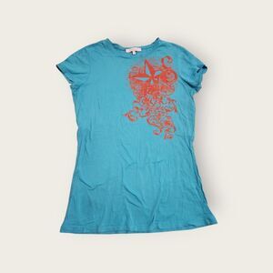 Vintage Y2k Charlotte Russe blue and red funky swirly graphic baby tee